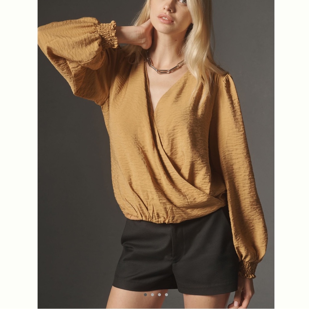 Anthropologie Long Sleeve Wrap Blouse Silky New Large Copper Brown - Picture 3 of 15